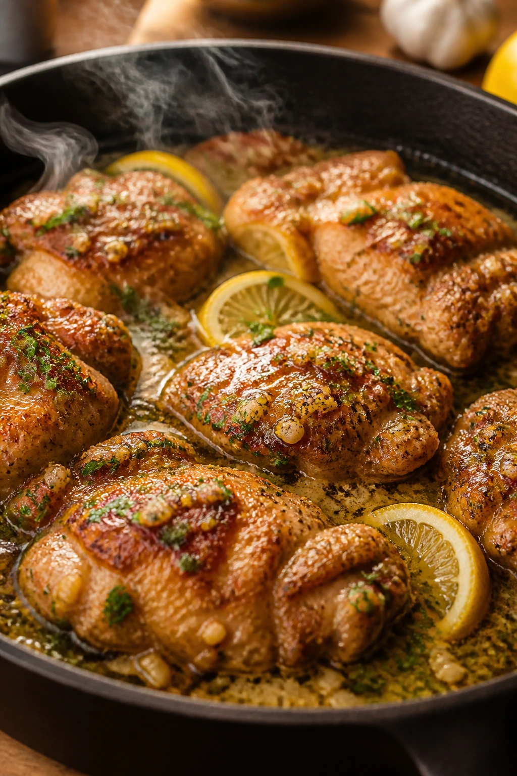 Close-up of garlic butter chicken skillet with golden chicken and glossy sauce