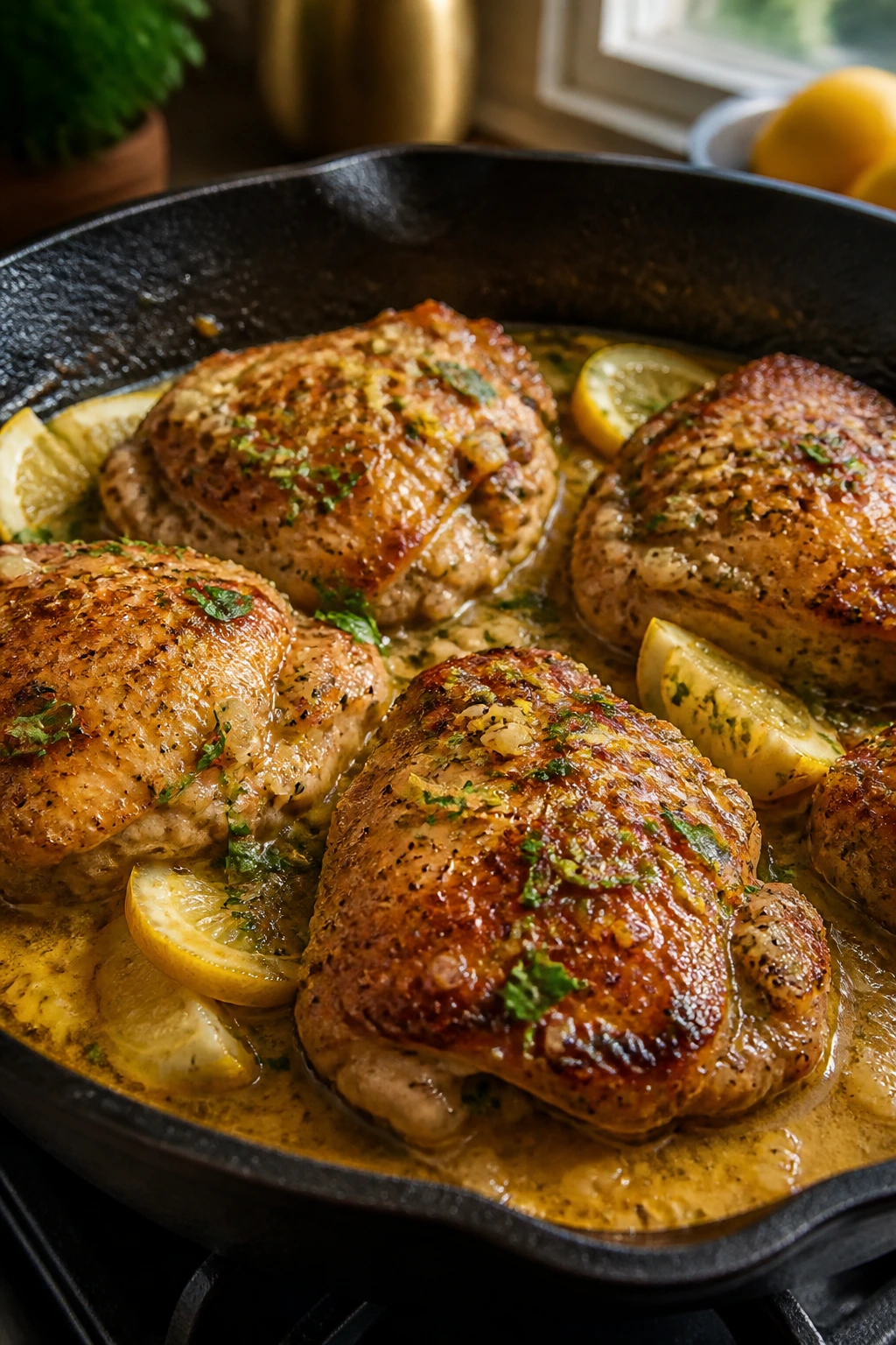 Close-up of garlic butter chicken skillet on stove