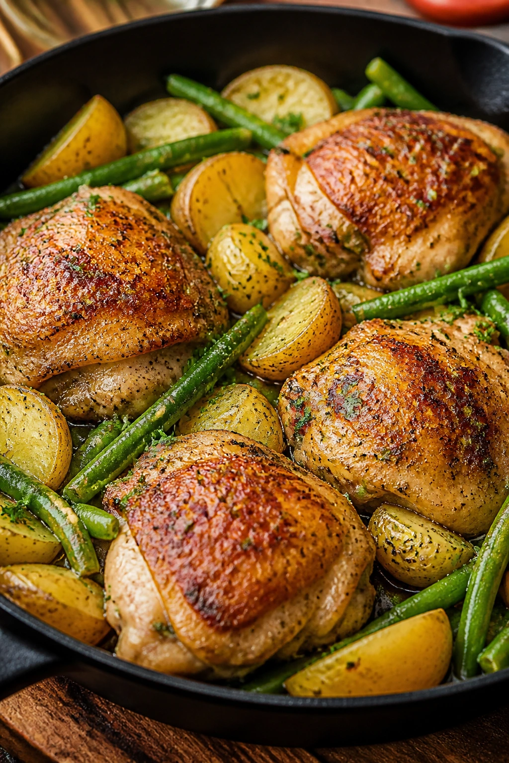 Close-up of garlic butter chicken thighs with potatoes and green beans in a skillet
