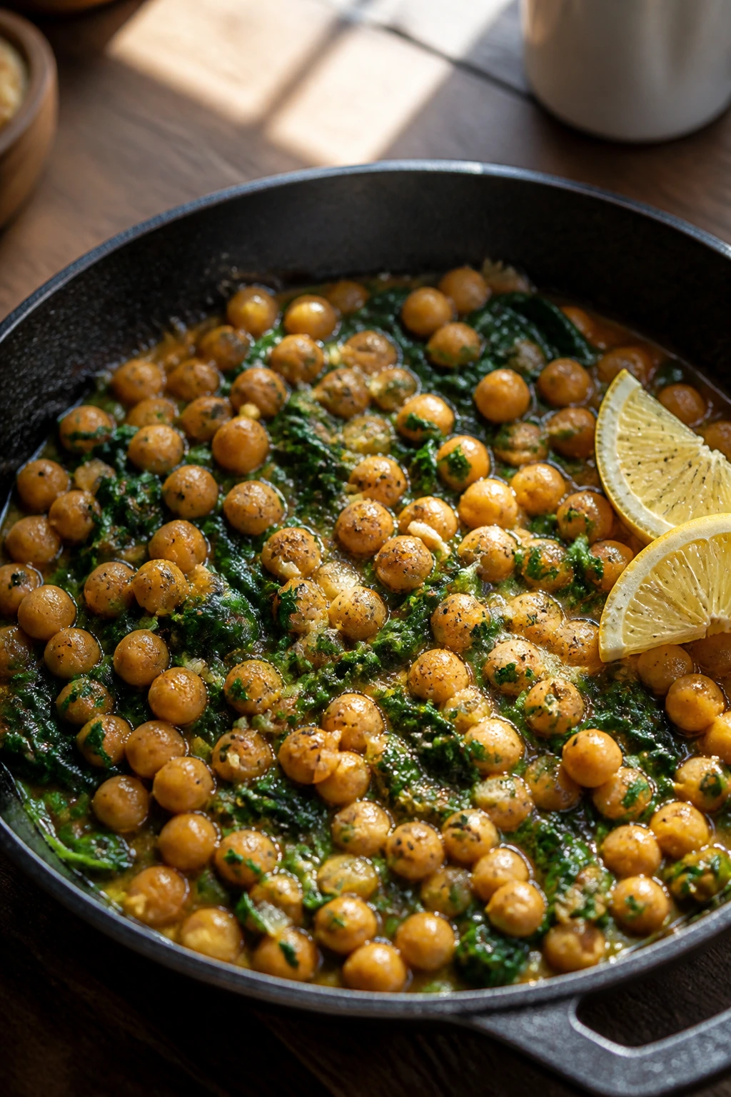 Chickpeas in a garlic butter skillet with spinach and lemon