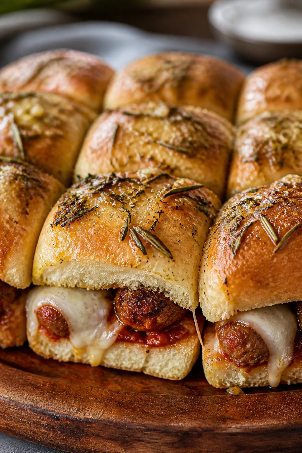 Close-up of garlic butter focaccia-style sliders with rosemary and melted cheese