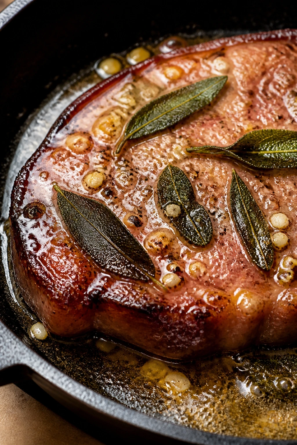 Ham steak with garlic butter and crispy sage in a pan