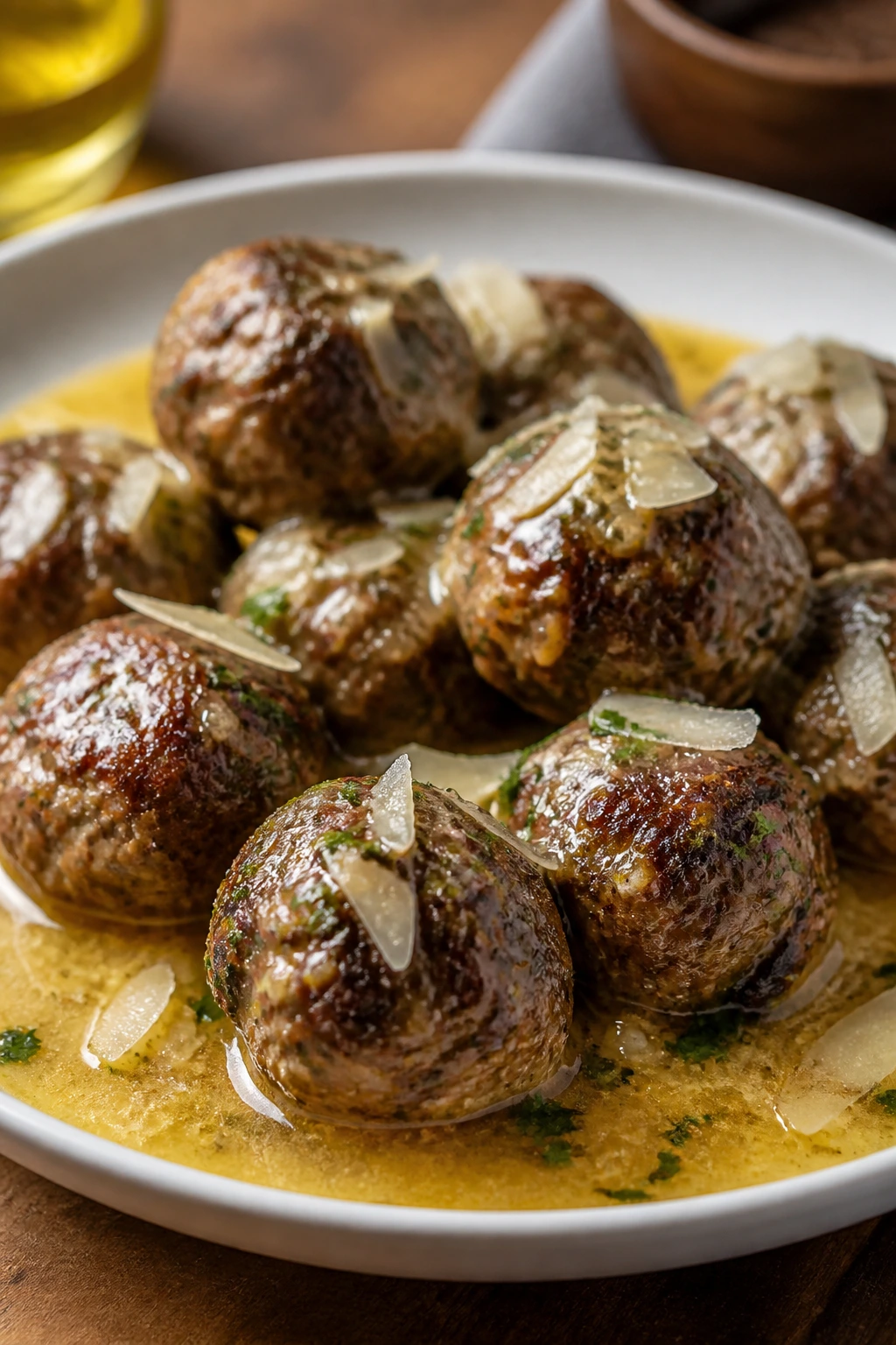 Close-up of garlic butter parmesan meatballs in sauce on plate