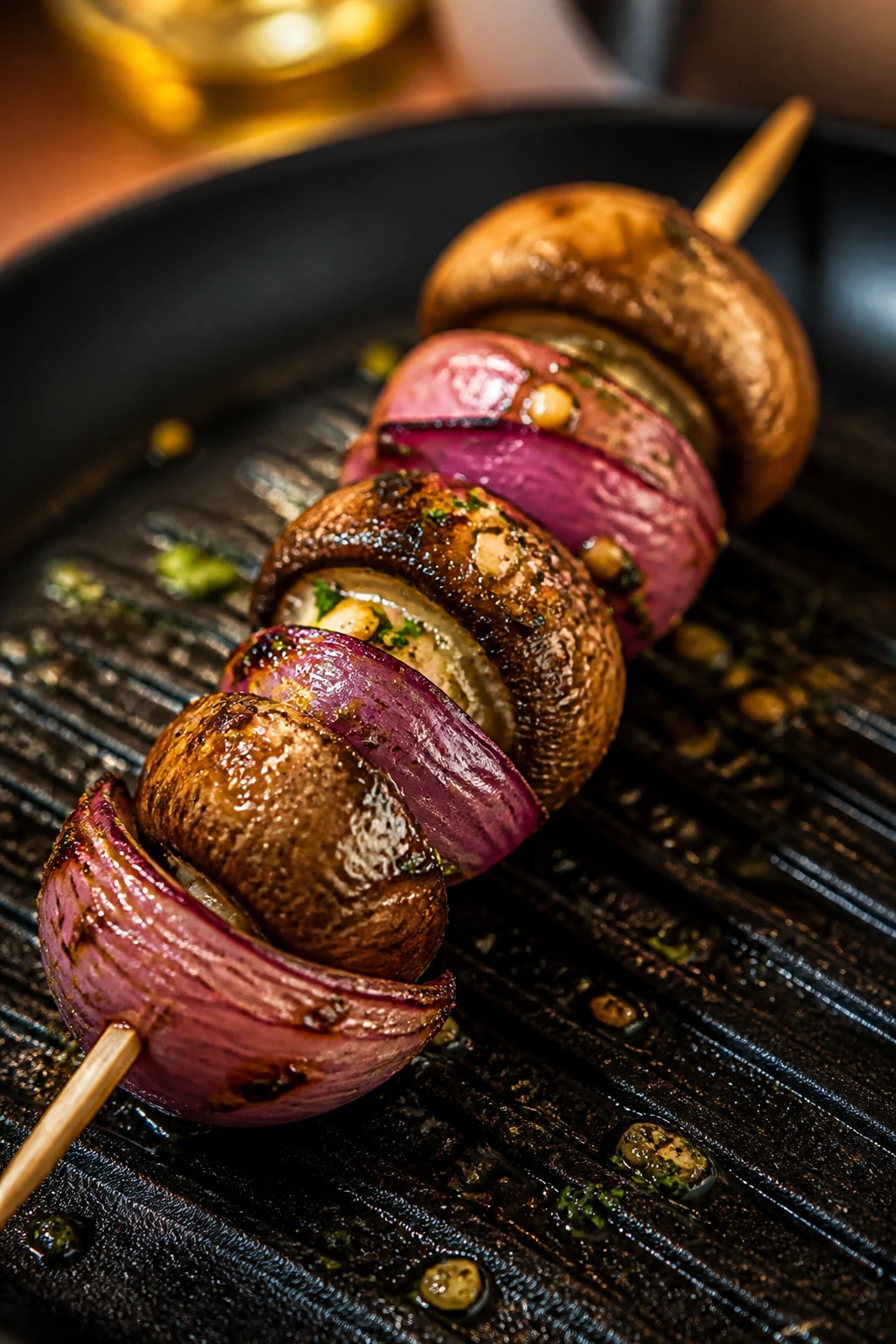 Garlic butter mushrooms and red onions skewered