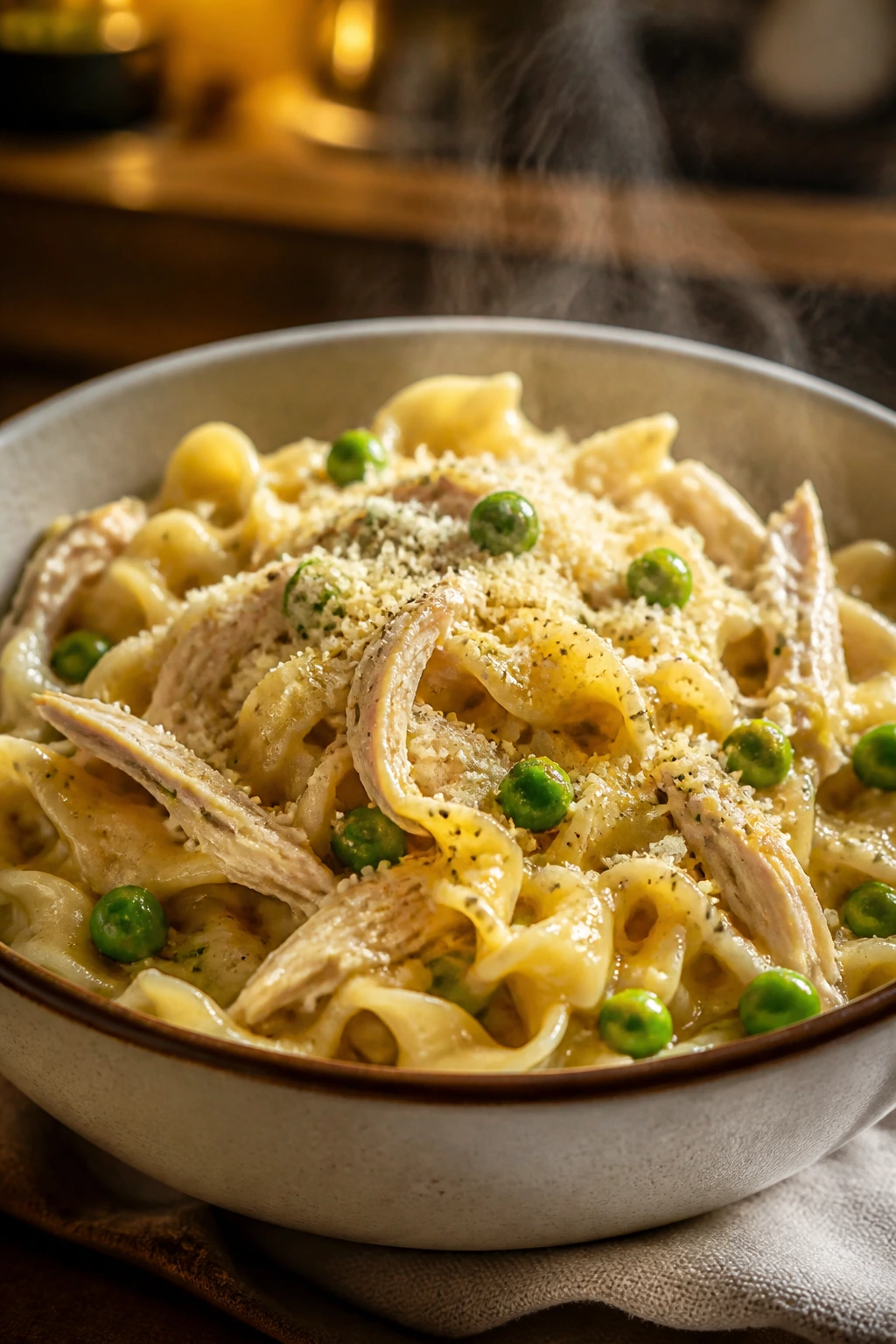 Bowl of garlic butter noodles with rotisserie chicken and peas in warm kitchen light