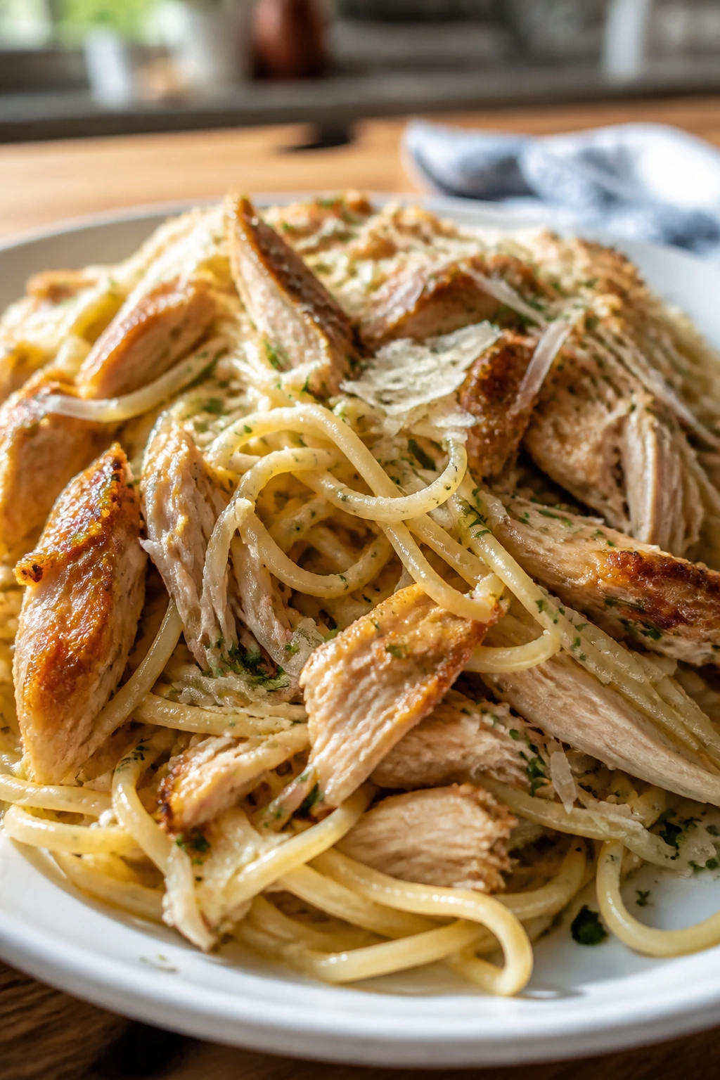 Close-up of garlic butter noodles with rotisserie chicken on a plate