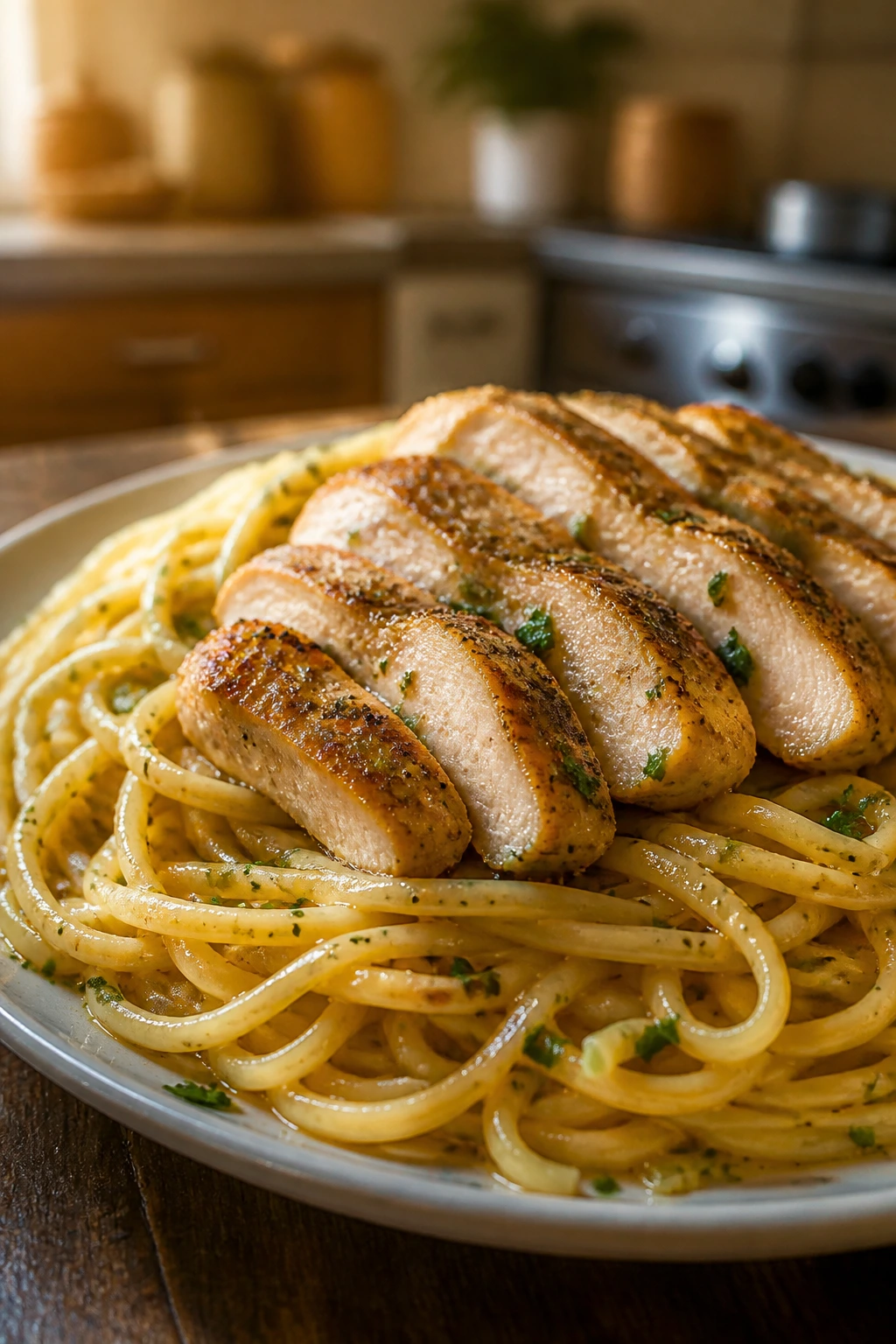 Garlic butter noodles with chicken on a plate
