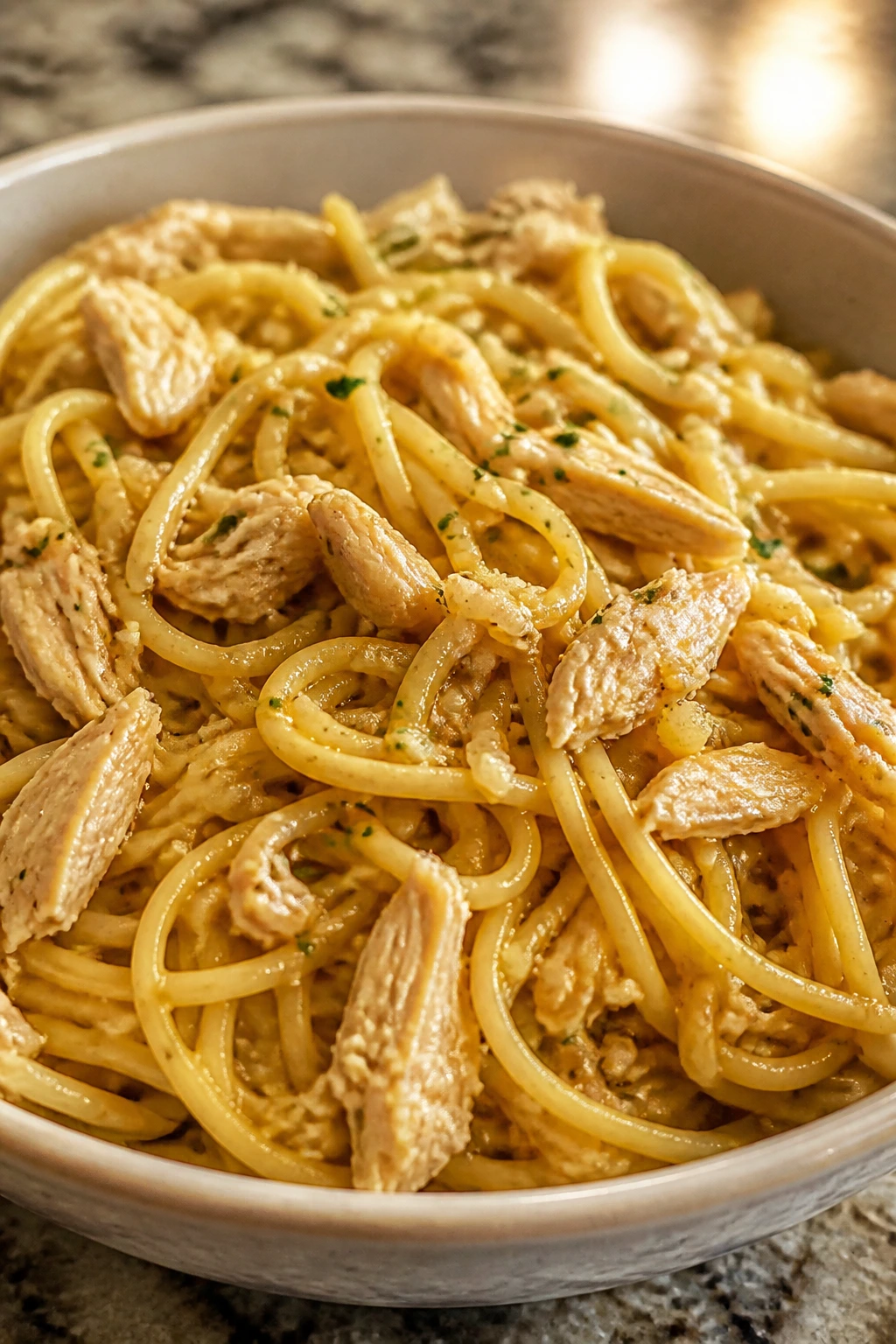 Garlic butter noodles with chicken in a bowl