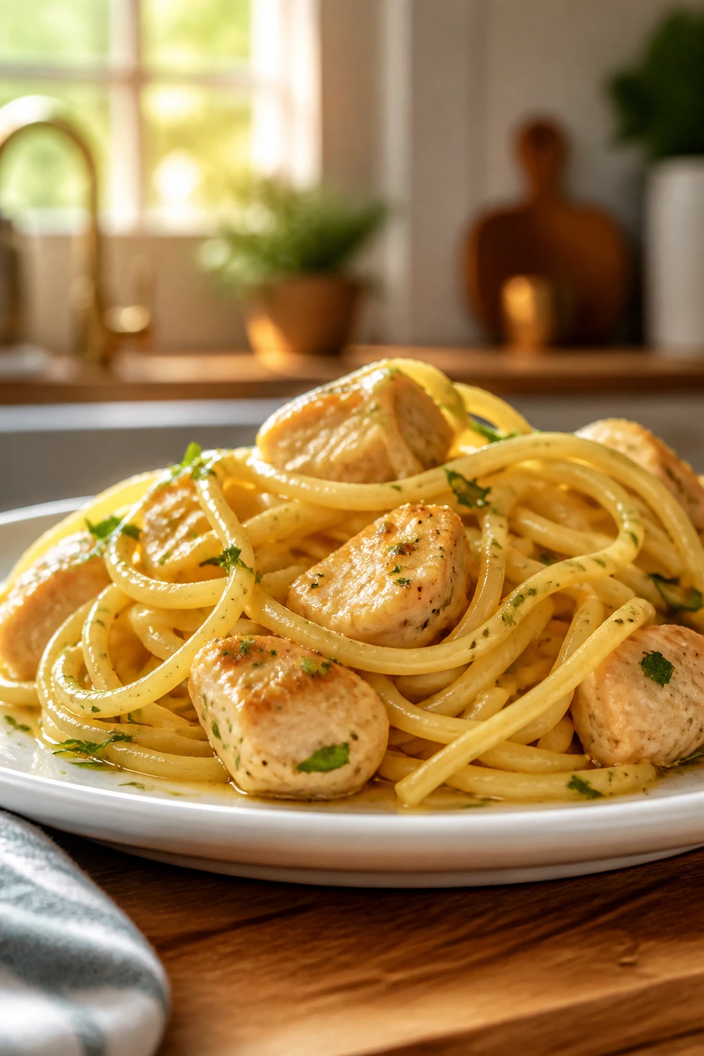 Glossy garlic butter noodles with chicken on a plate