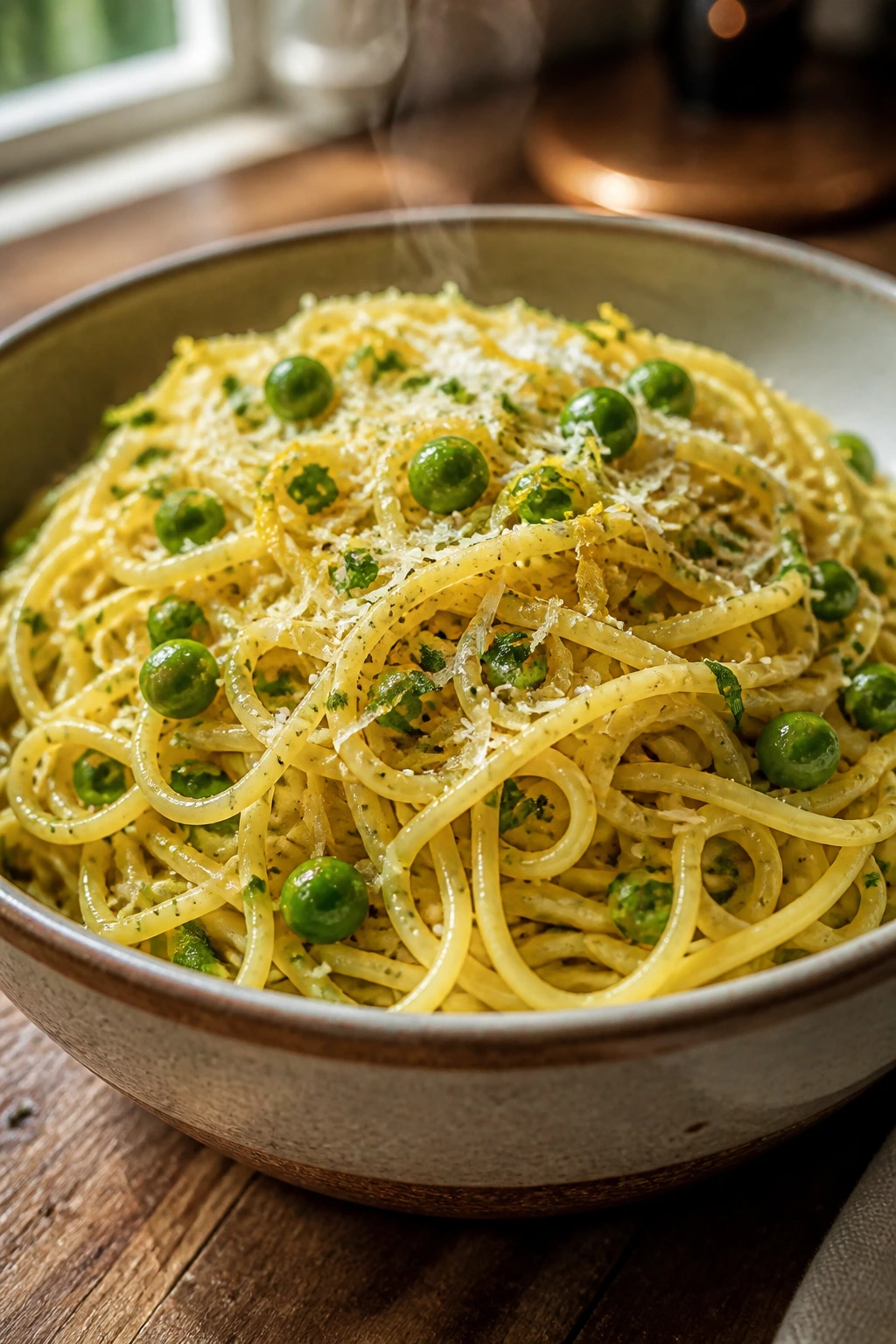 Close-up of garlic butter noodles with peas and Parmesan in a bowl