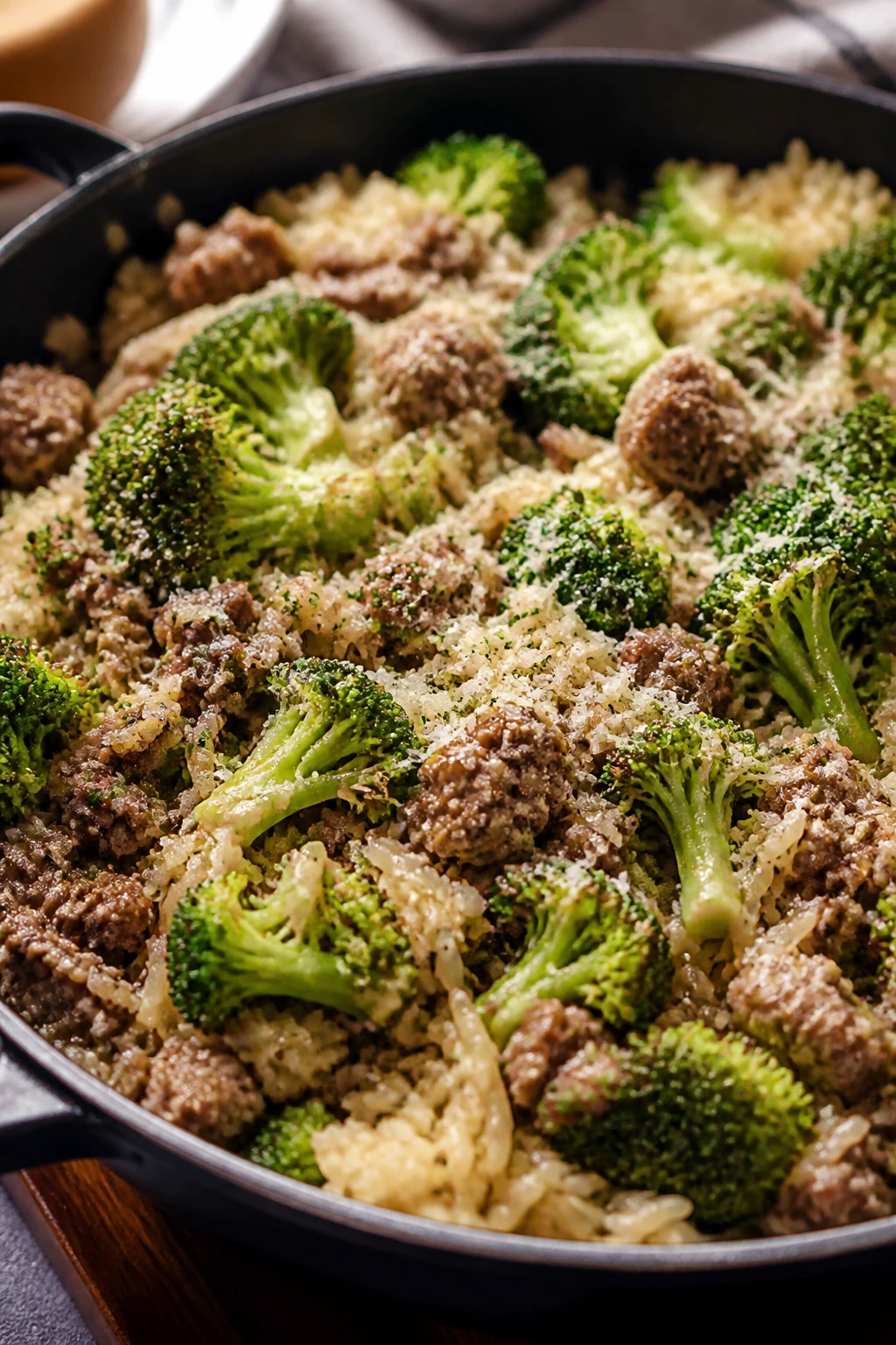 Beef broccoli rice skillet with parmesan topping