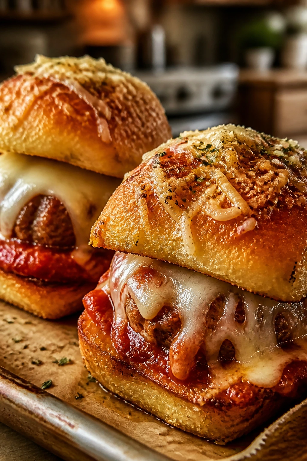 Two garlic butter parmesan sliders with melt cheese on a parchment sheet