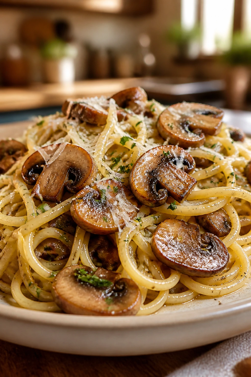 Close-up of garlic butter mushroom pasta on a plate with browned mushrooms