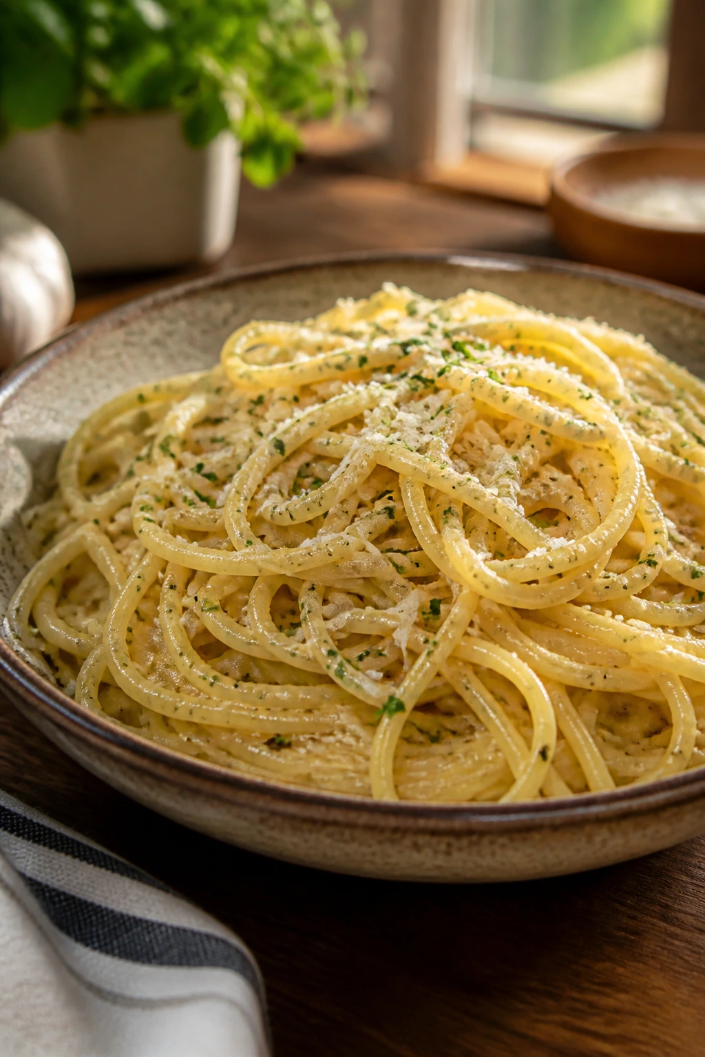 Close-up of garlic butter spaghetti with parmesan in a rustic bowl