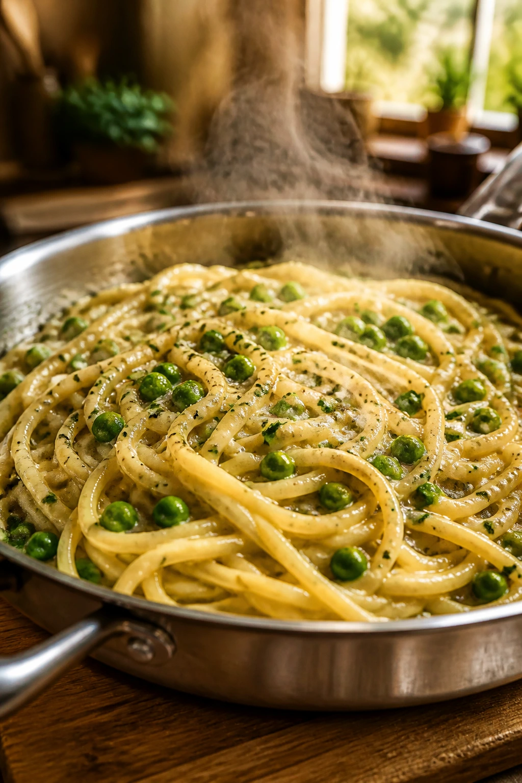 Close-up of garlic butter pasta with peas in a skillet