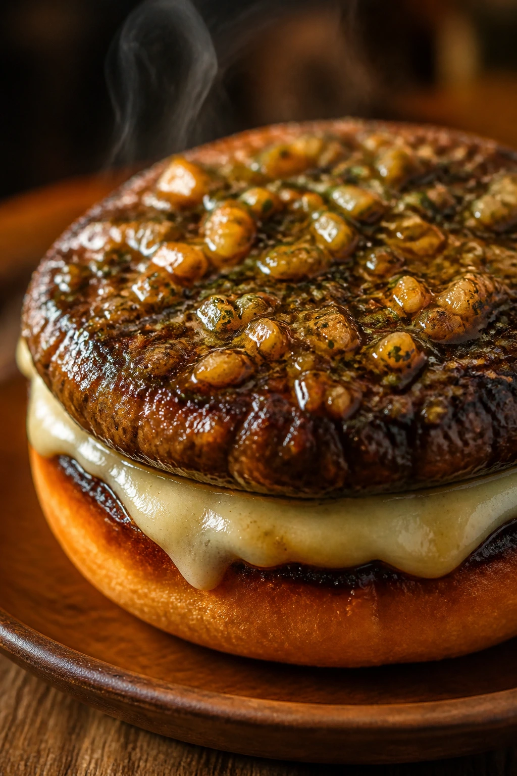 Close-up of garlic-butter portobello burger on brioche bun