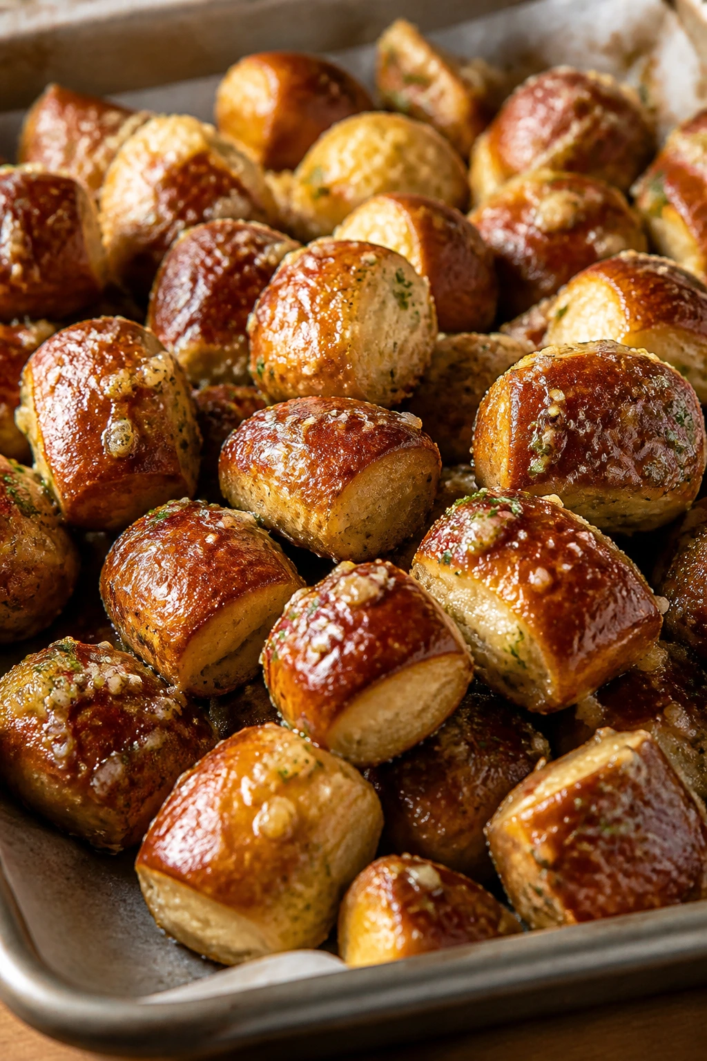 Close-up of garlic butter pretzel bites with glossy surface dominating the frame