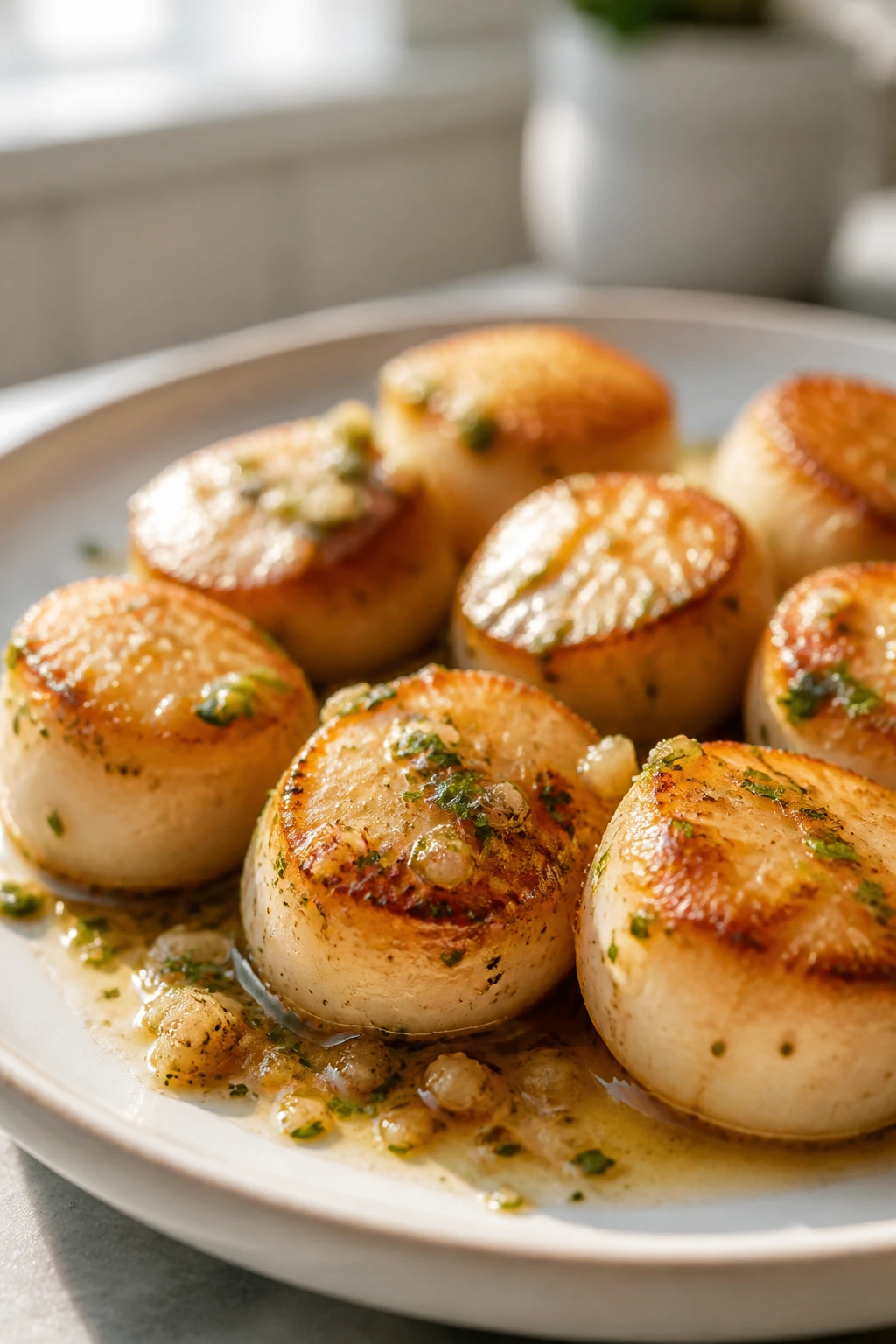Close-up of garlic butter scallops with golden sear