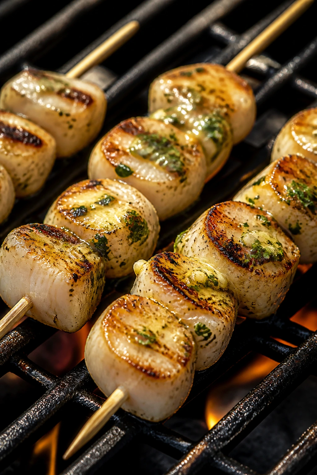 Close-up of garlic butter scallop skewers on a grill