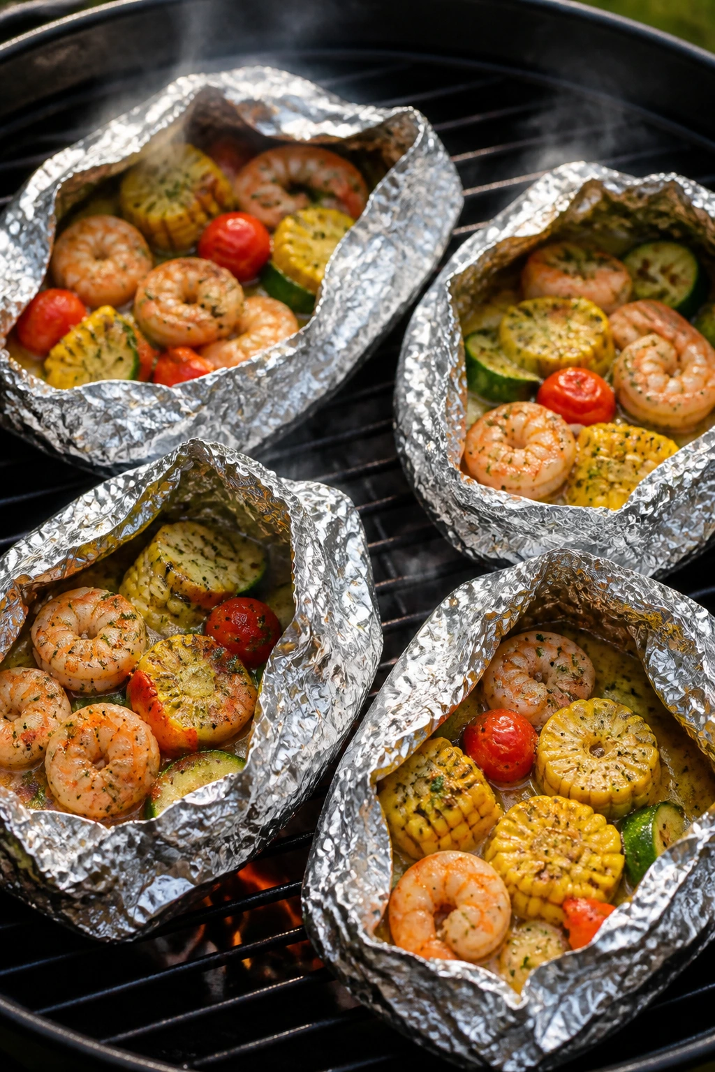 Garlic butter shrimp foil packs on grill.