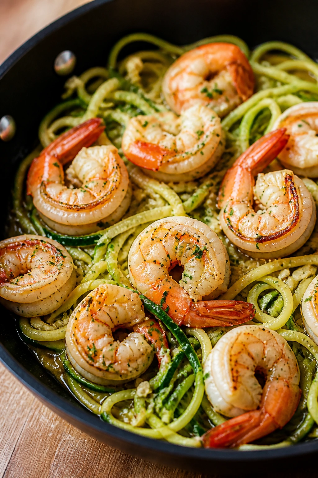 Shrimp with zucchini noodles in garlic butter on skillet