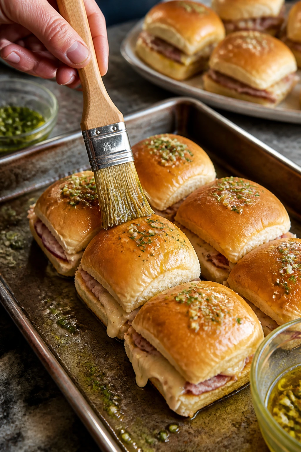 Hand brushing garlic butter onto slider tops
