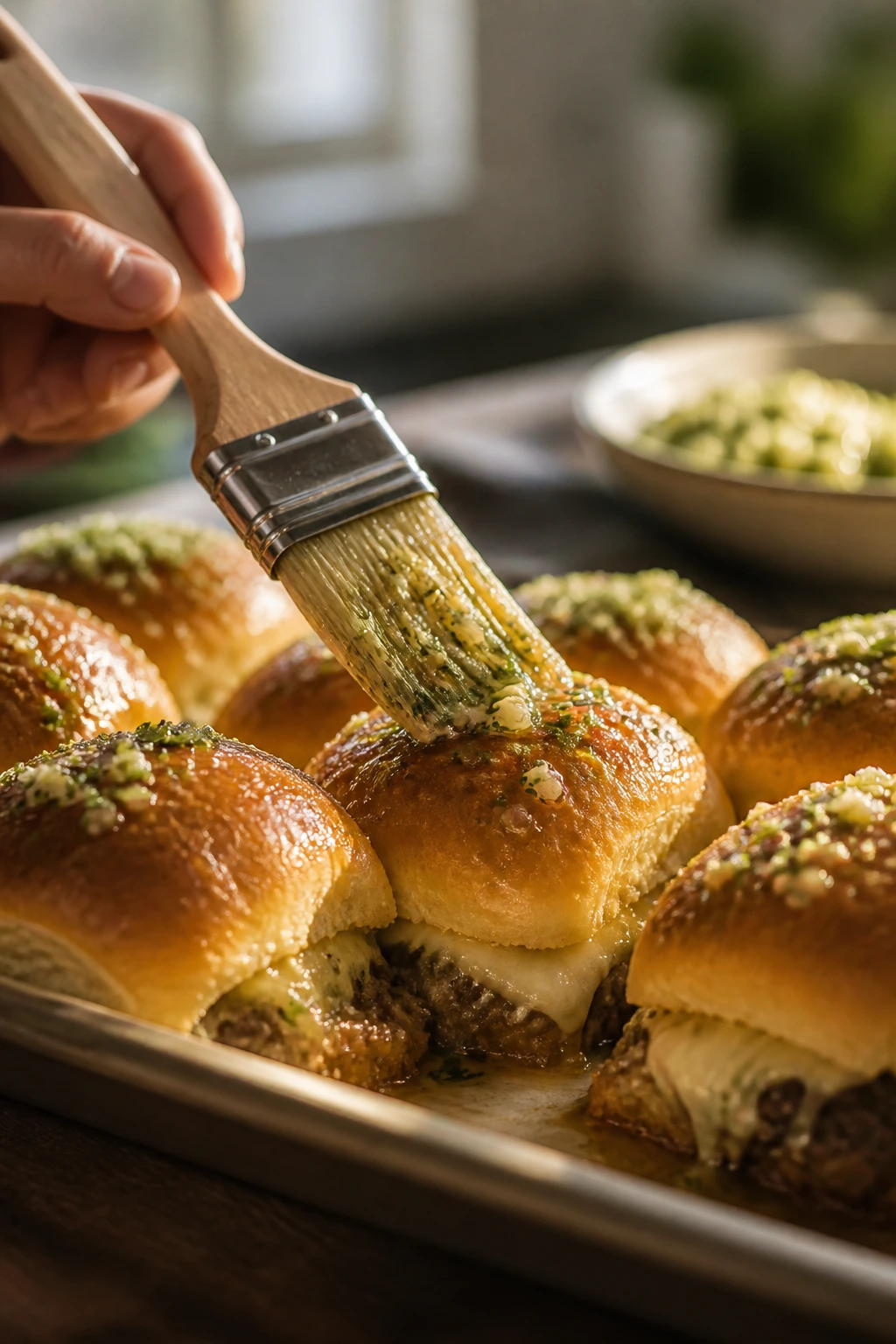 Close-up of a pastry brush applying garlic butter to sliders.