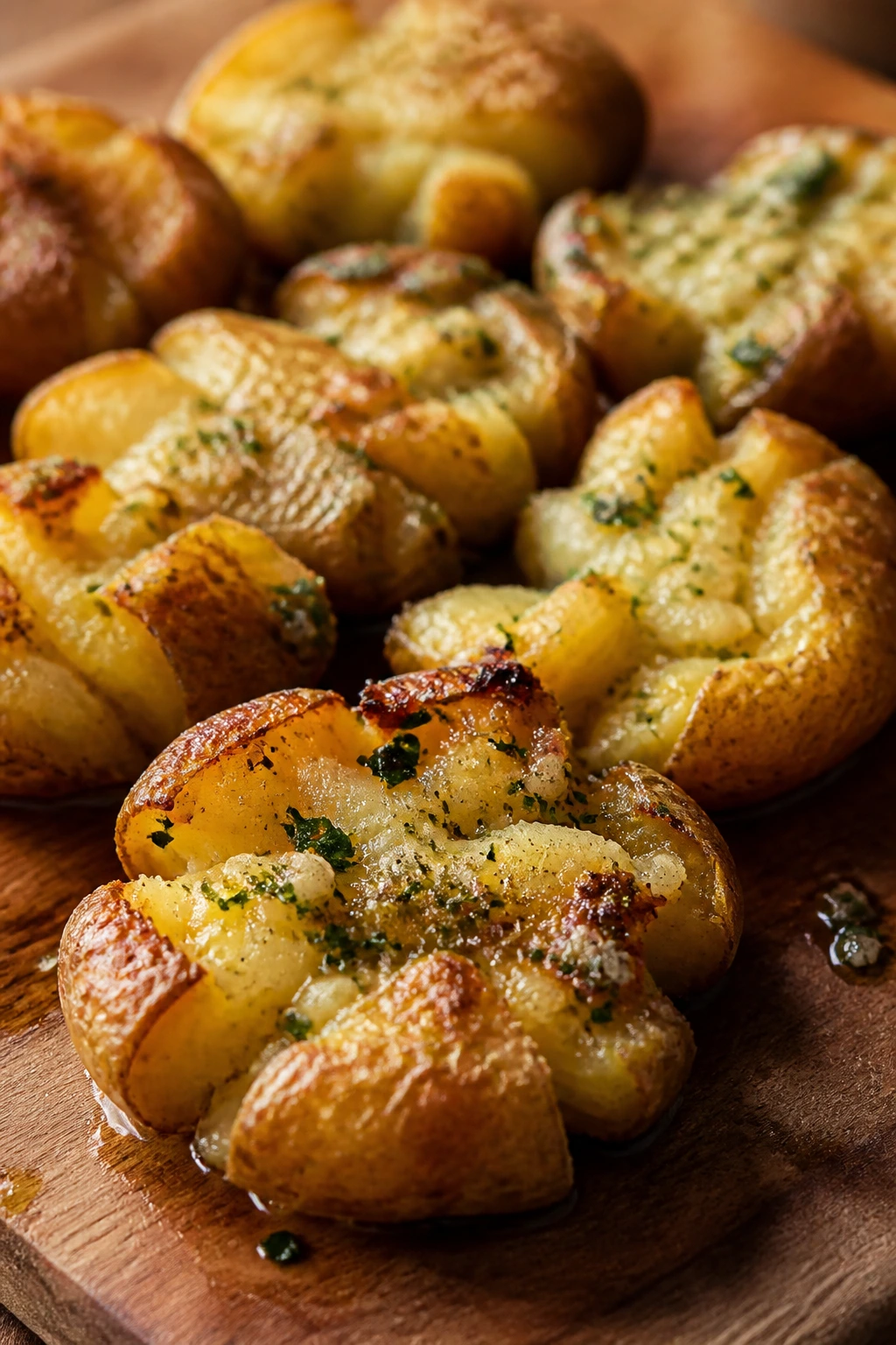 Garlic butter smashed potatoes with crispy edges