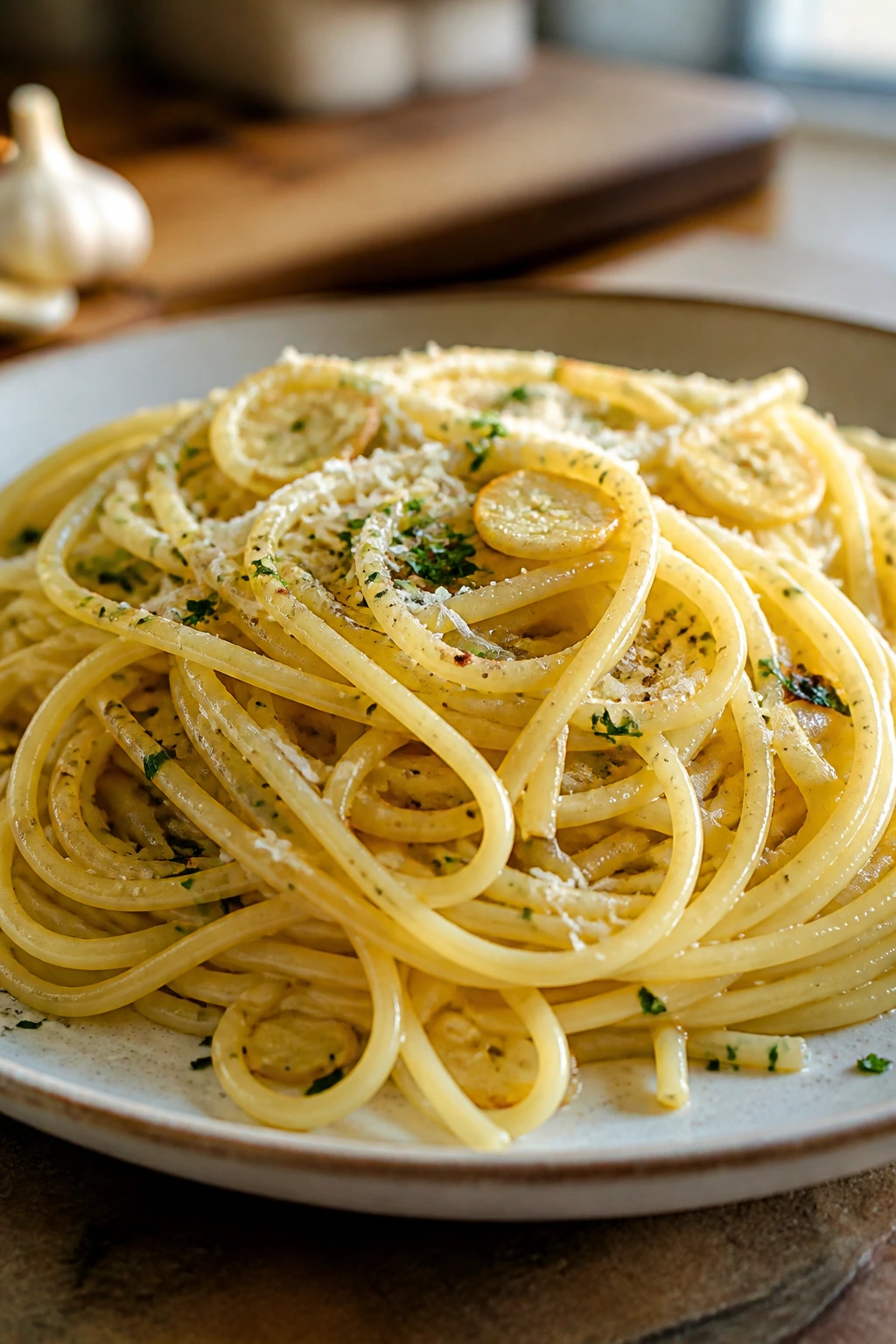 Close-up plate of garlic butter spaghetti with garlic and Parmesan.