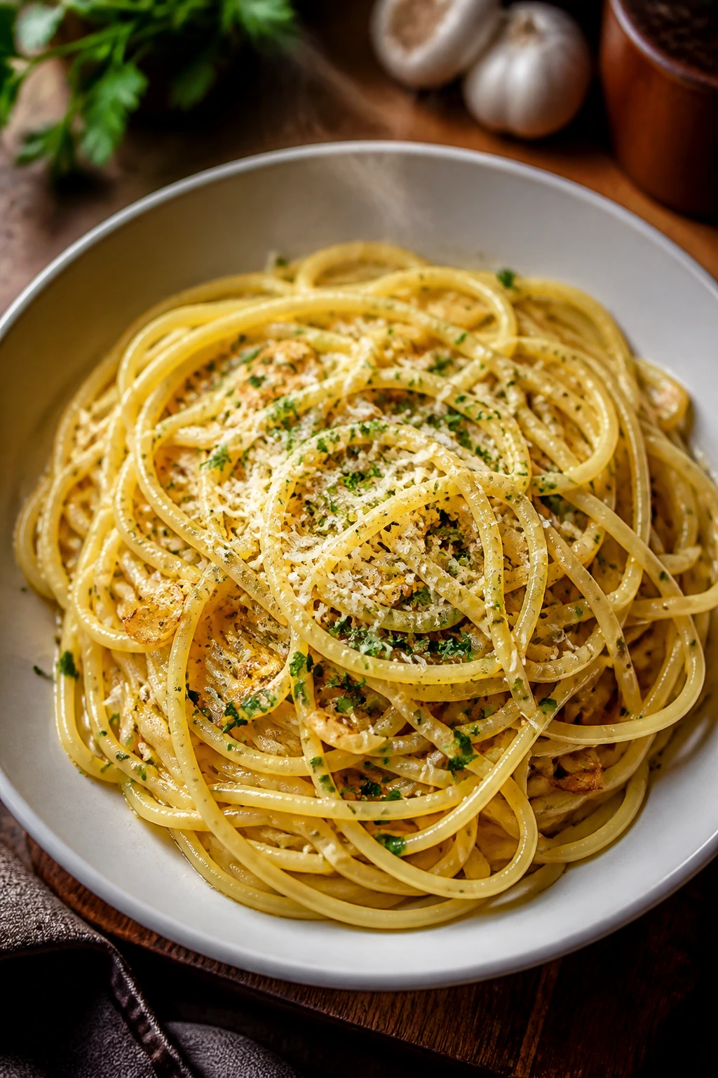 Close-up plate of garlic butter spaghetti with parmesan.