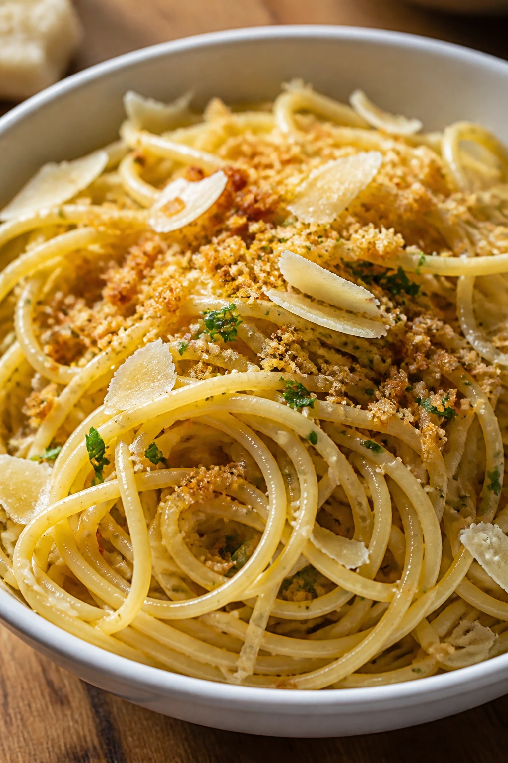 Close-up of garlic butter spaghetti with crispy breadcrumbs in a white bowl