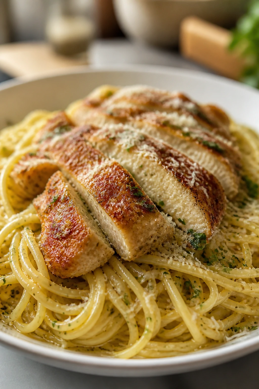 Close-up of garlic butter spaghetti with parmesan chicken on top