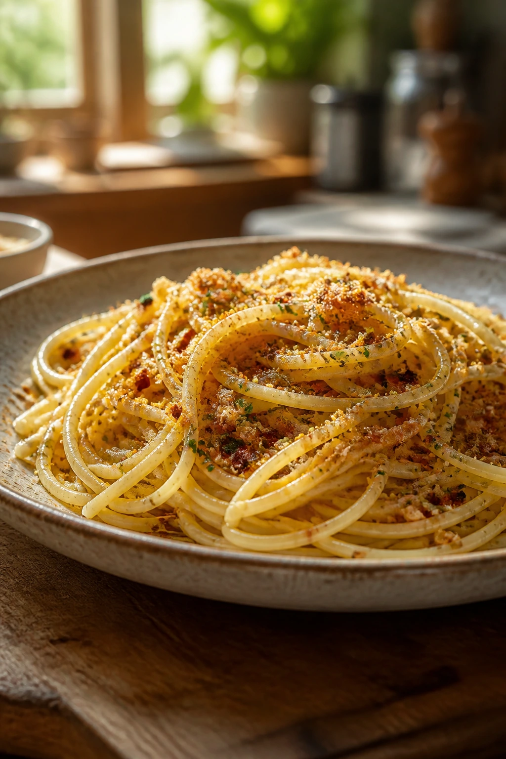 Close-up of garlic butter spaghetti with breadcrumbs on rustic plate
