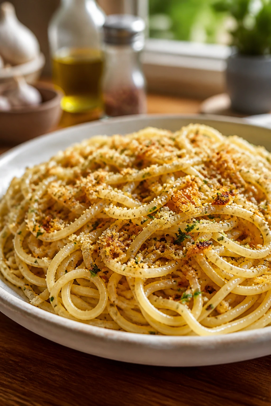Close-up of garlic butter spaghetti with breadcrumbs on a plate