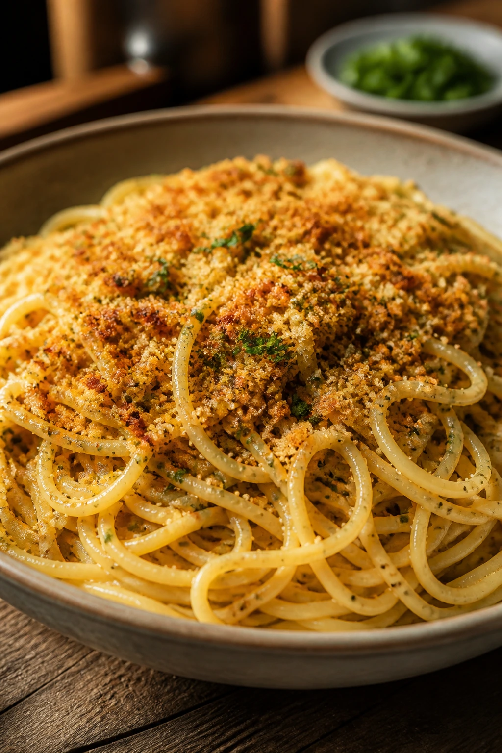Close-up of garlic butter spaghetti with crispy breadcrumb topping