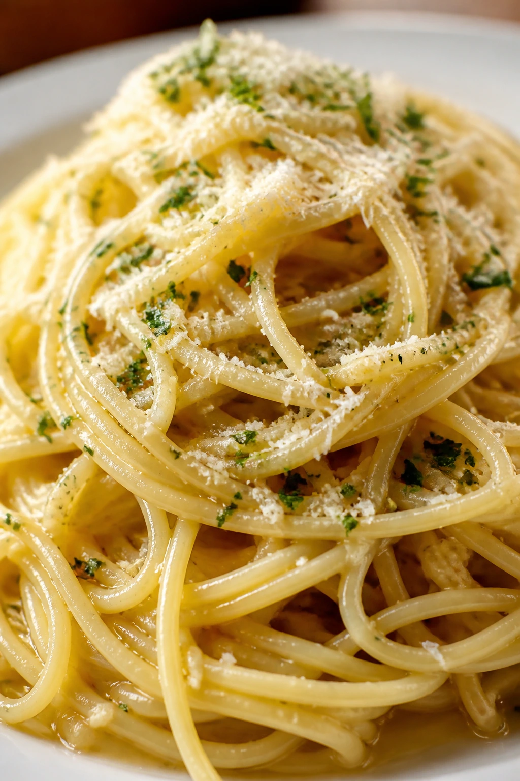 Plate of garlic butter spaghetti with parmesan in warm kitchen light