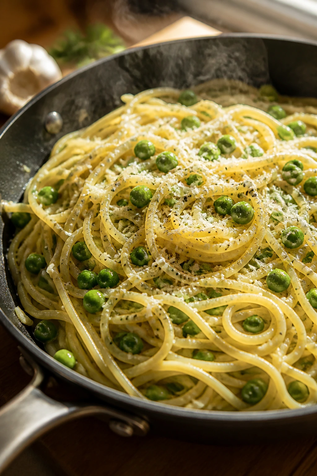 Close-up of garlic butter spaghetti with peas in a skillet