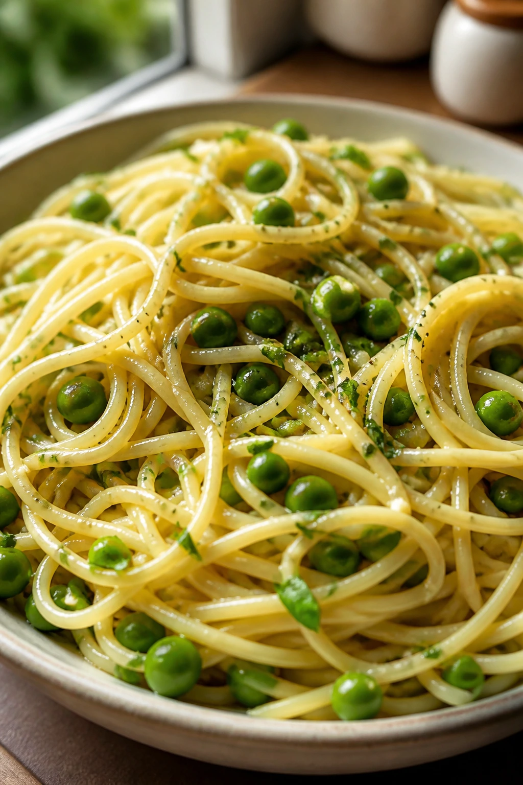Close-up of garlic butter spaghetti with peas on a plate in a bright kitchen