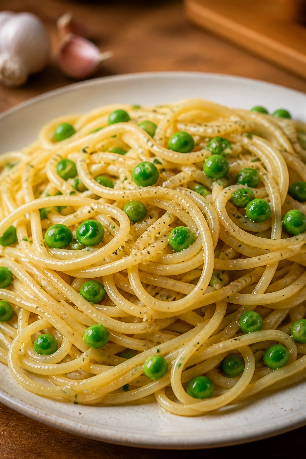 Glossy garlic butter spaghetti with peas on plate