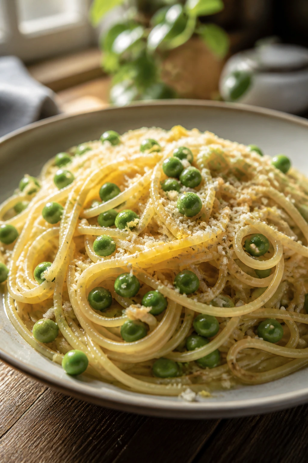 Close-up of garlic butter spaghetti with peas on a rustic wooden table