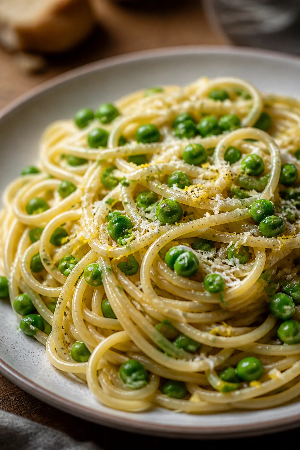 Close-up of garlic butter spaghetti with peas on a plate