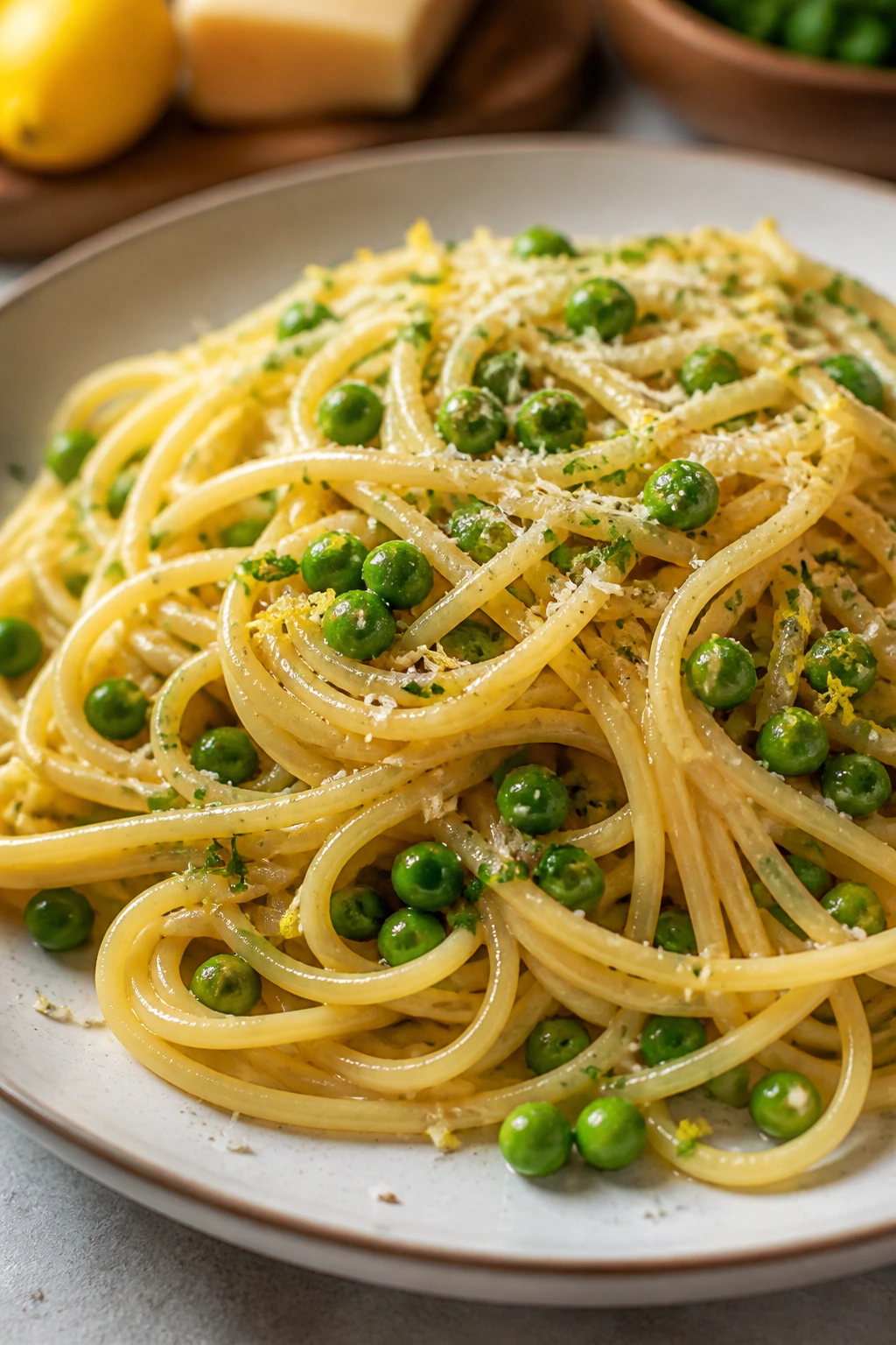Close-up of garlic butter spaghetti with peas on a plate