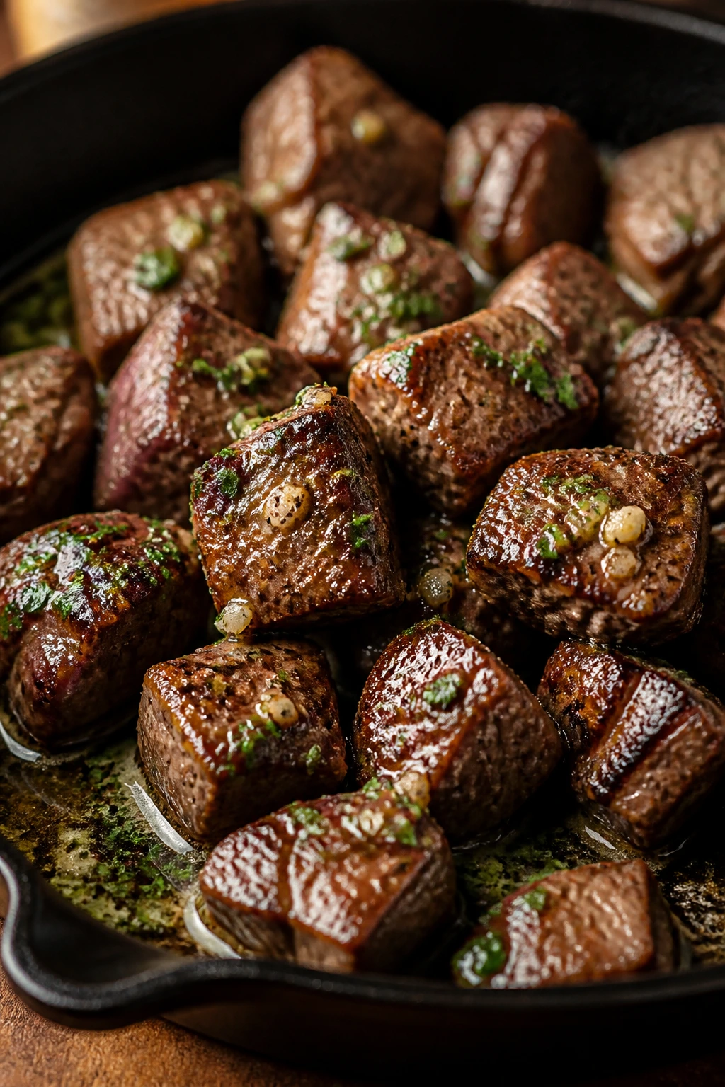 Close-up of garlic butter steak bites in a sizzling cast-iron skillet