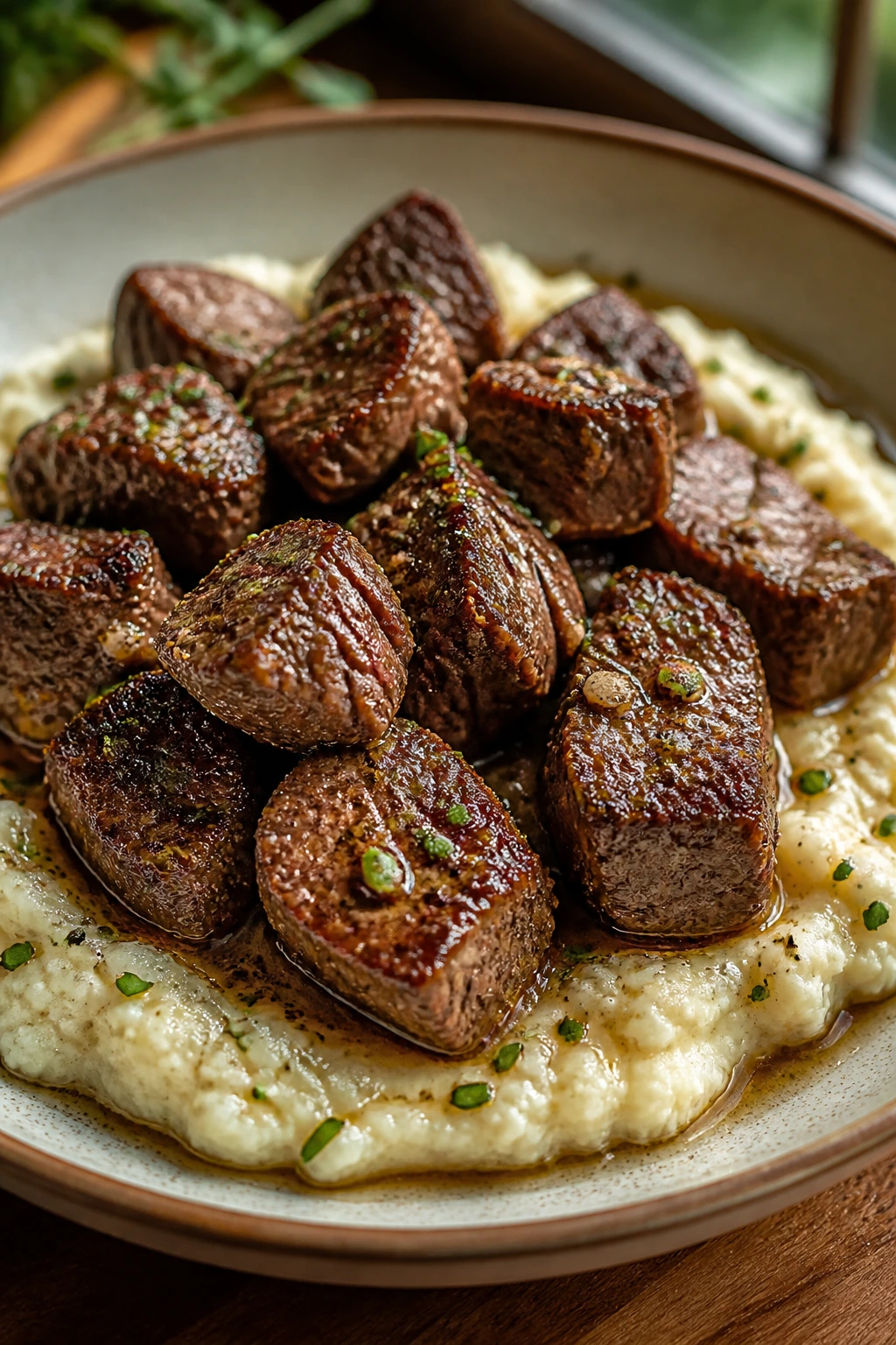 Close-up of garlic butter steak bites on cauliflower mash on a wooden table