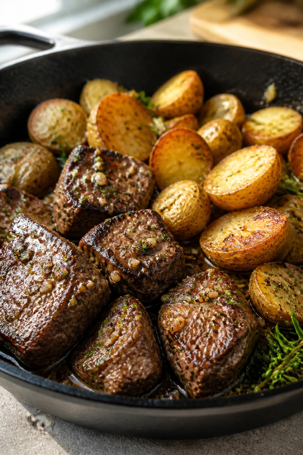Close-up of garlic butter steak and potatoes sizzling in a skillet