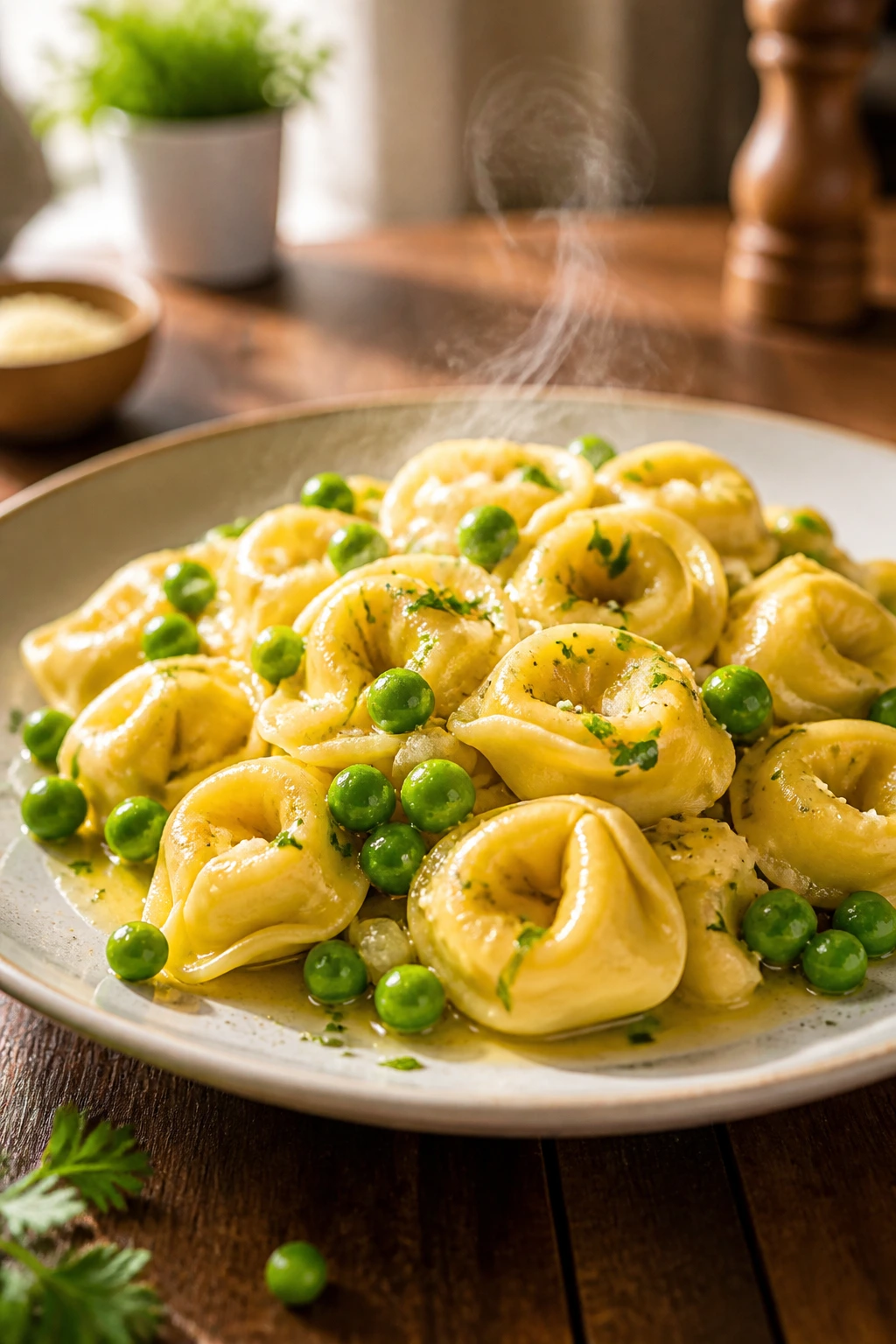 Plate of garlic butter tortellini with peas in butter sauce.