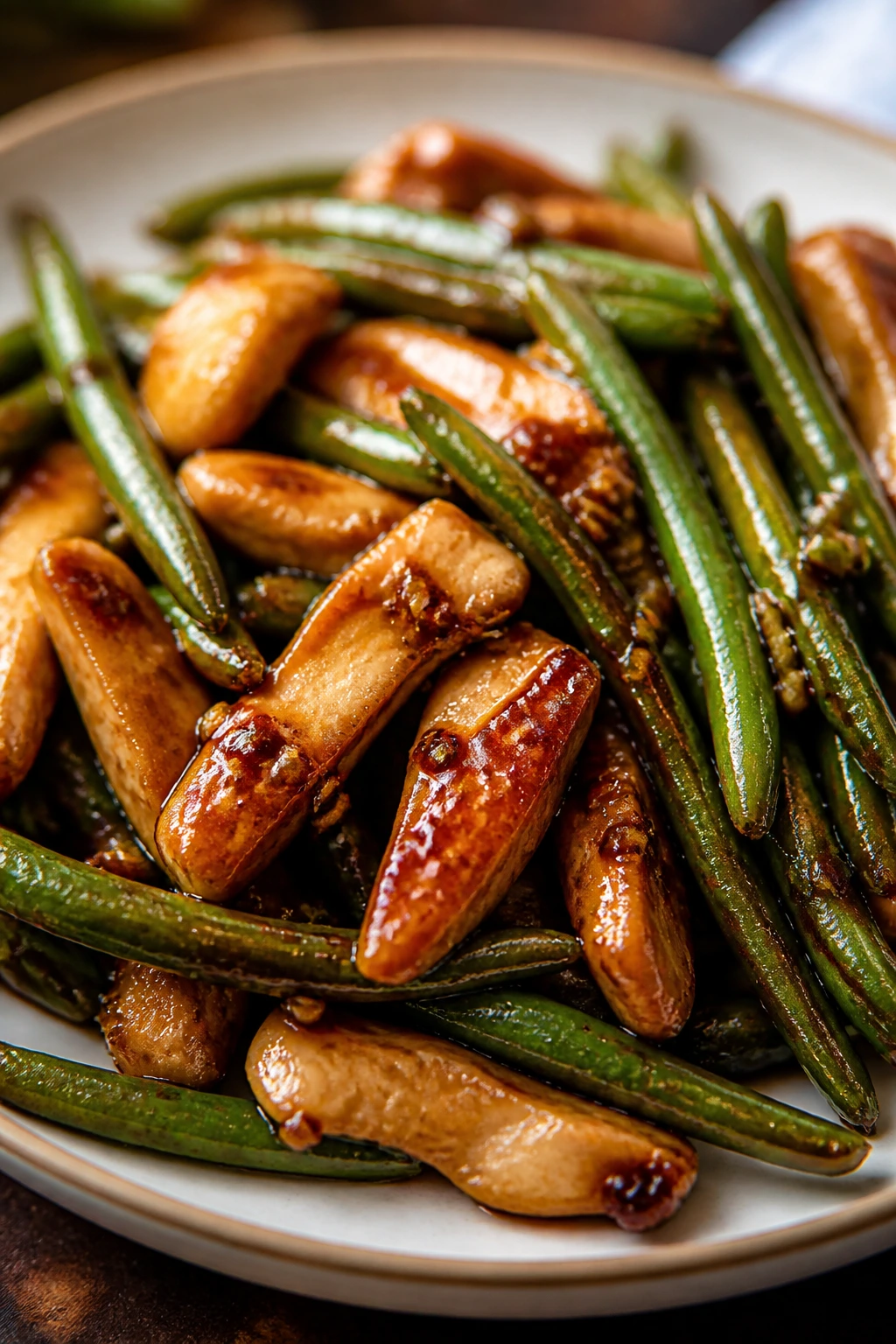 Garlic chicken with green beans close-up