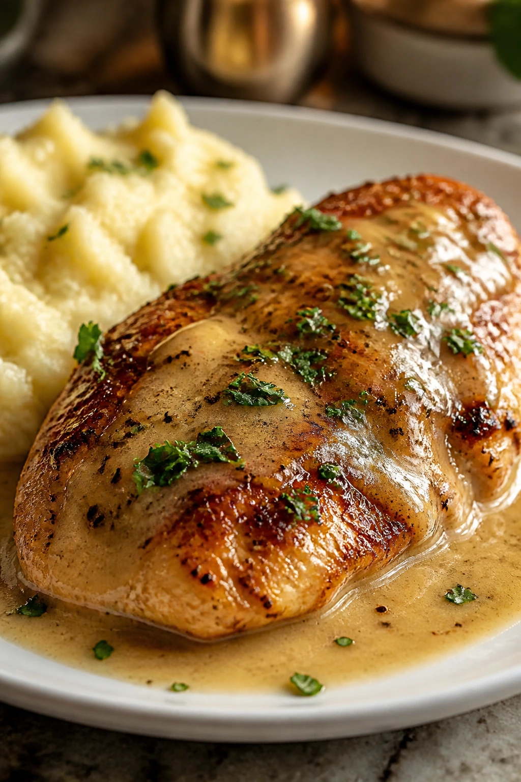 Plated garlic parmesan chicken with glossy sauce