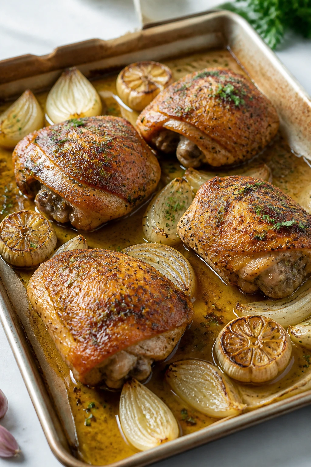 Close-up of bone-in chicken thighs with onions and garlic on a sheet pan in a bright kitchen