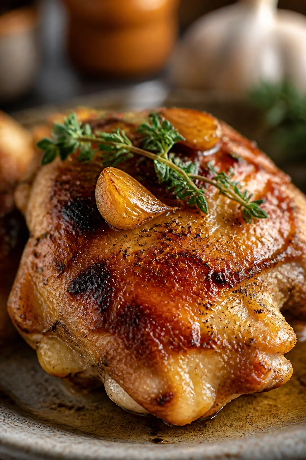 Glossy chicken thigh with herb garnish suggesting variations